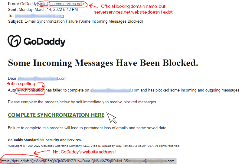 GoDaddy Email Synchronization Failure Scam